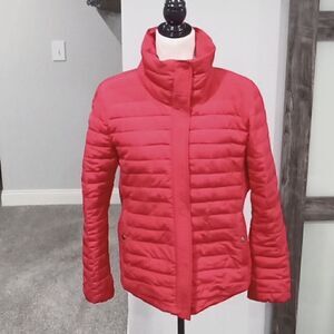 Loft red puffer jacket / coat with hidden zipper & snap welt pockets size Large